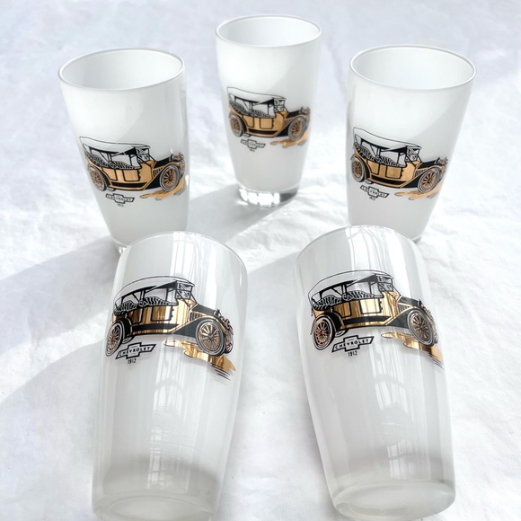 Set of 5 Vintage Cocktail Highball Glasses 1912 Chevrolet Collectible Gold Leaf - Picture 7 of 9